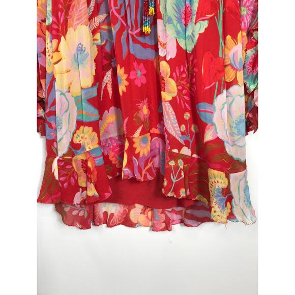 Farm Rio Red Floral Ruffle Flowy Short Dress Boho Hippie Vacation Indie Beaded - Picture 7 of 14
